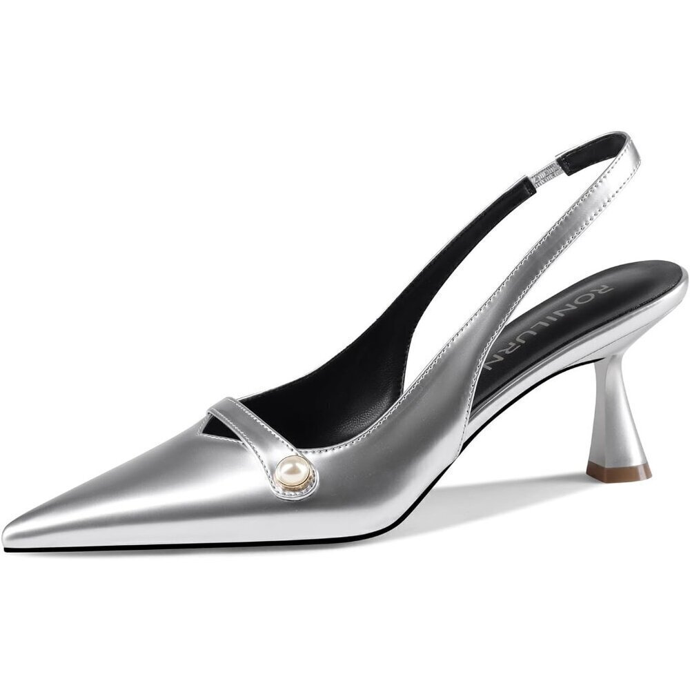 Ronilurn Women Silver Kitten Closed Pointed Toe Slingback Low Pearl Heel Pumps